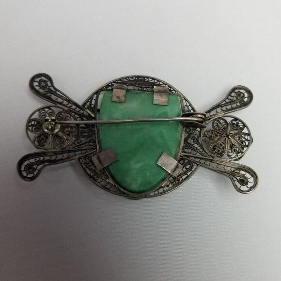 Vintage Mexico Silver Filigree Carved Green Stone, Aztec Mayan Style Brooch - Picture 3 of 6